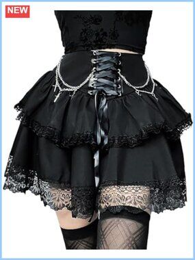 Women's Goth Plaid Mini Skirt Lace Ruffles Tie Waist Lace-Up Polyester Spandex